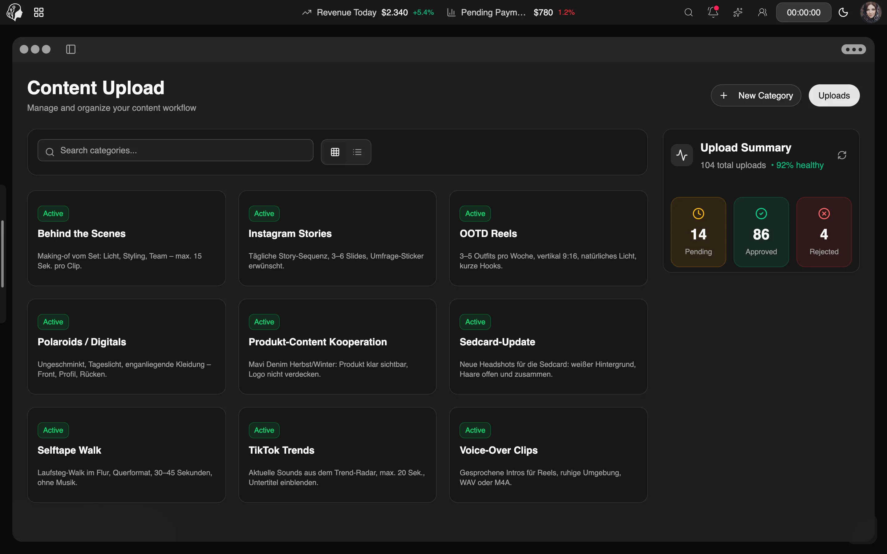 ModelSuite Content-Upload & Review – weitere Ansicht
