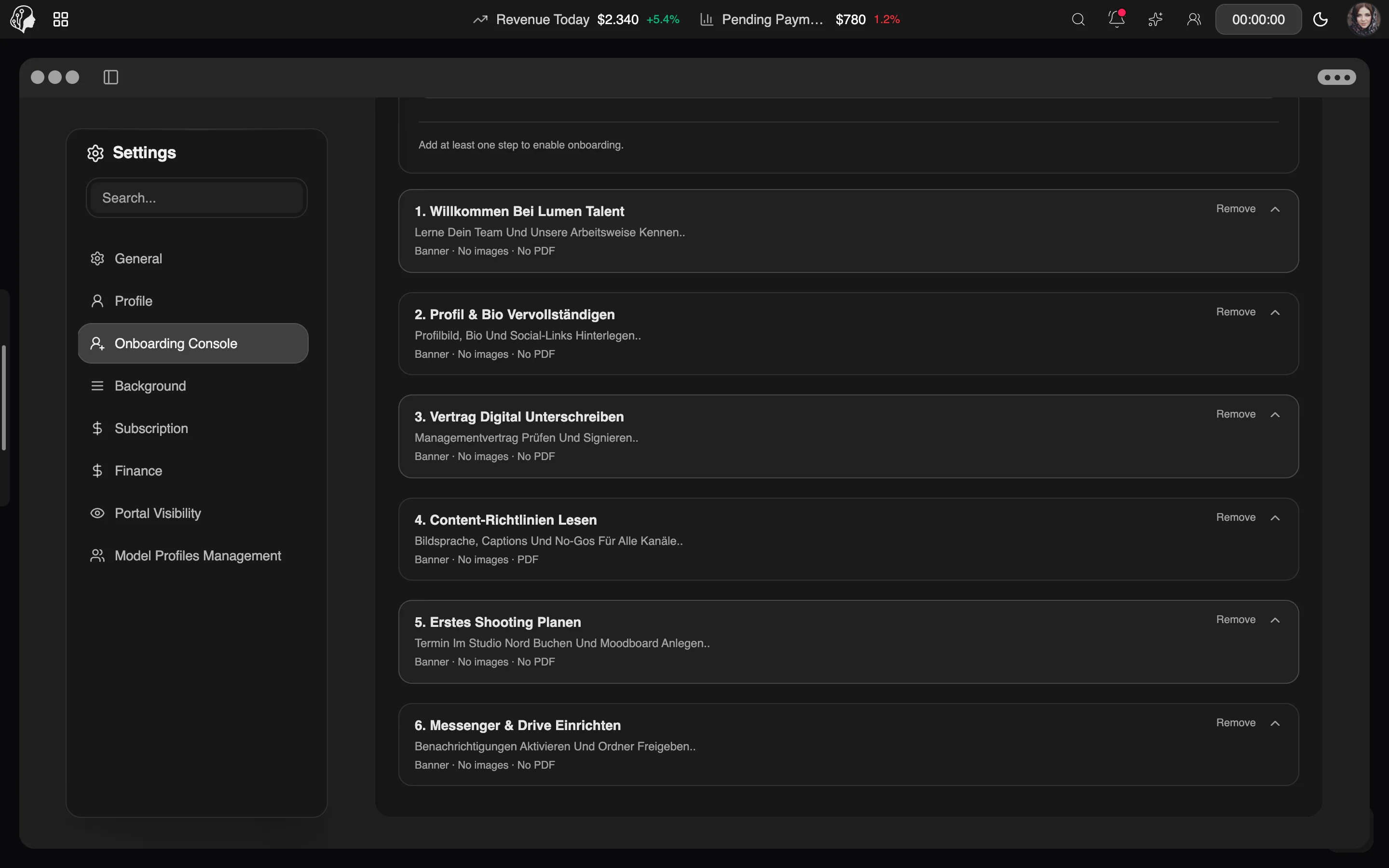 ModelSuite Onboarding Console – weitere Ansicht